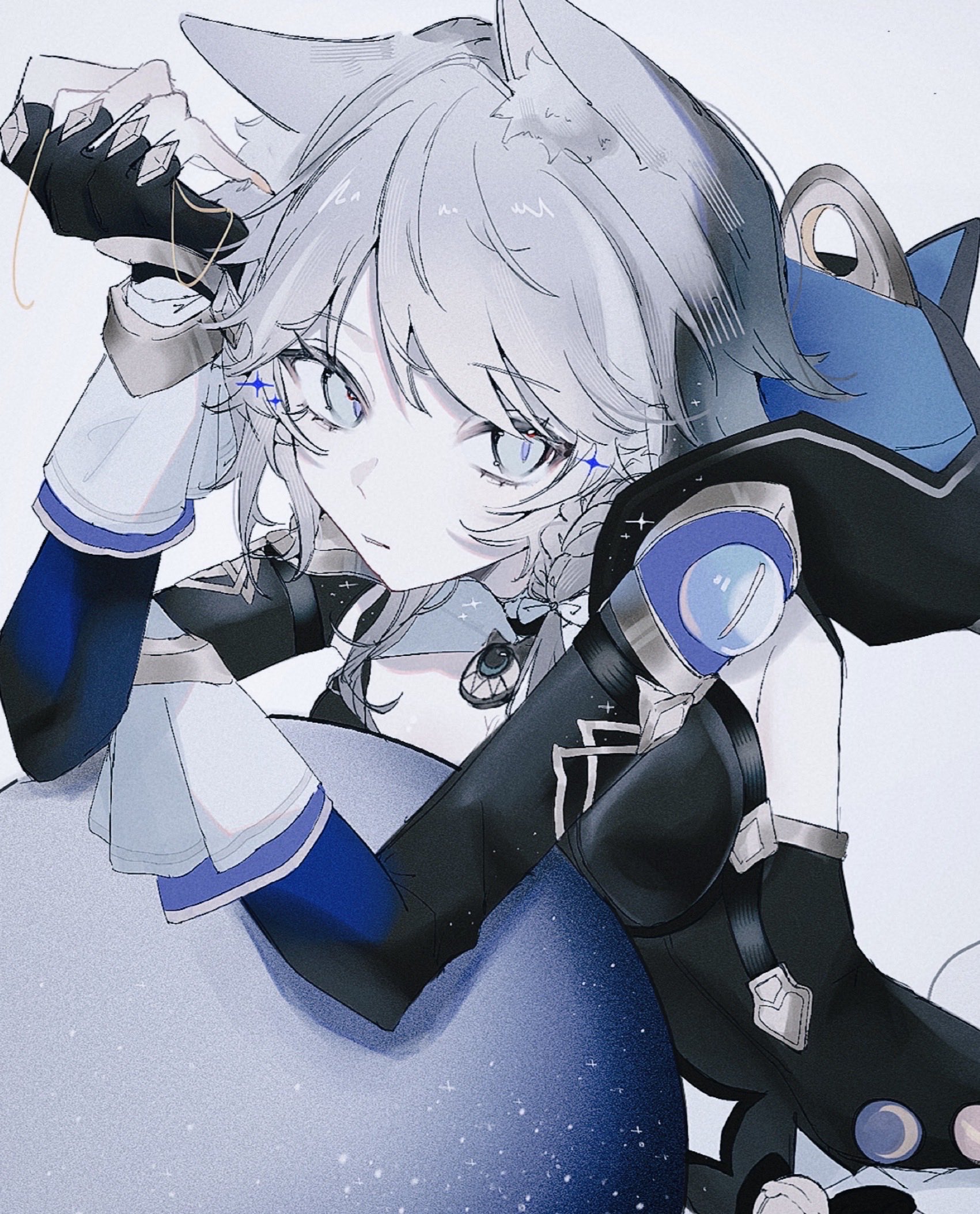 cipher (honkai: star rail), honkai: star rail, honkai (series), highres, 1girl, 22l 1, animal ears, animal hood, ball, black gloves, black leotard, blue eyes, breasts, cat ears, cat girl, cat hood, cat tail, fingerless gloves, gloves, grey hair, hood, large breasts, leotard, looking at viewer, short hair with long locks, simple background, solo, tail