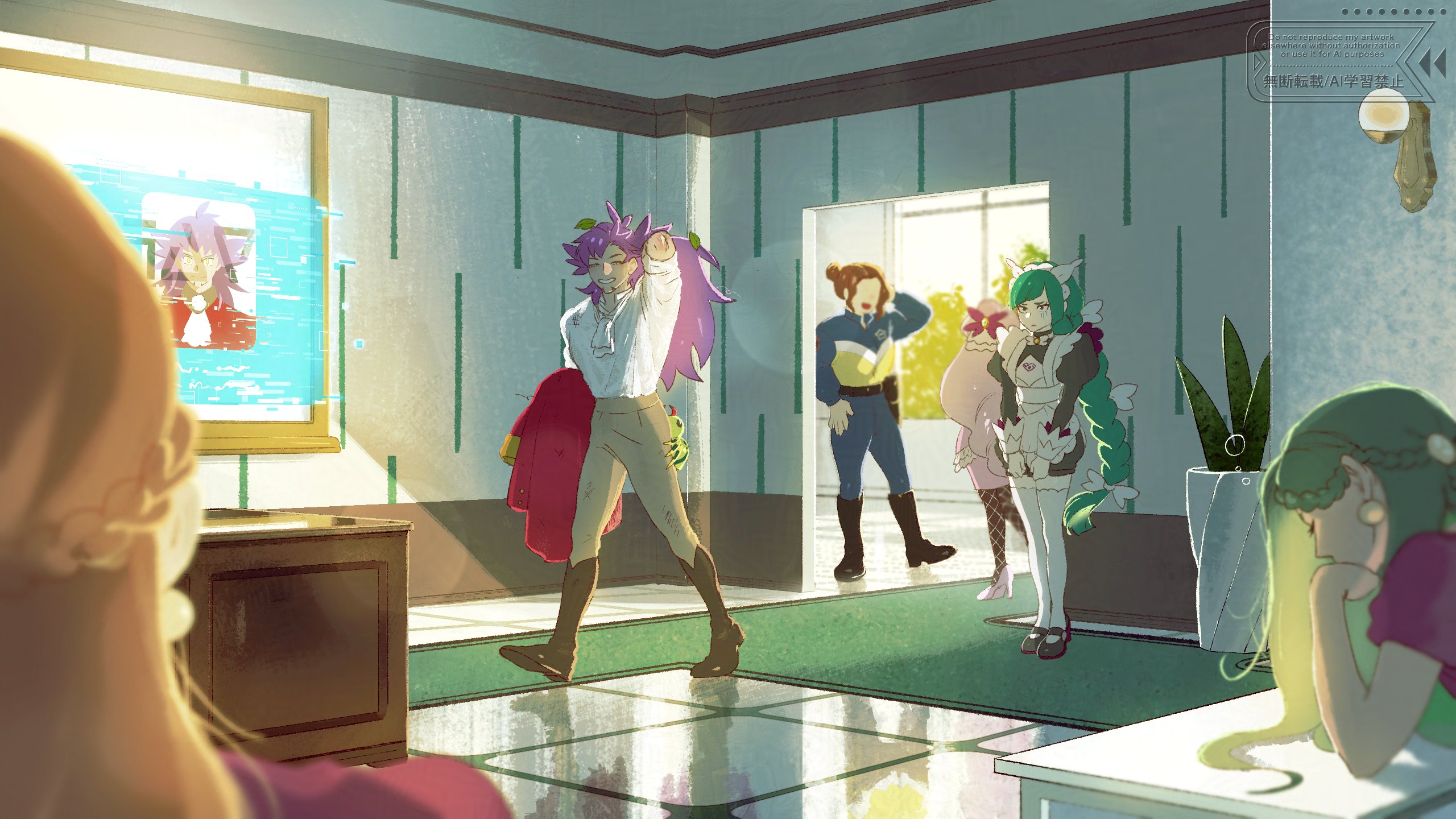 hot gay 241, jacinthe (pokemon), lebanne (pokemon), leon (pokemon), spinarak, nintendo, pokemon, pokemon legends: z-a, pokemon swsh, commentary request, highres, korean commentary, 1boy, 5girls, apron, blonde hair, boots, brown boots, brown hair, gen 2 pokemon, green hair, headdress, indoors, jacket, long hair, multiple girls, pants, pink hair, puffy sleeves, purple hair, purple shirt, reflective floor, shirt, shoes, short sleeves, standing, thighhighs, unworn jacket, watermark, white apron, white shirt, white thighhighs