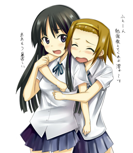 kisugi akira, akiyama mio, tainaka ritsu, k-on!, translation request, 00s, 2girls, black hair, blunt bangs, brown hair, hairband, hime cut, hug, long hair, multiple girls, school uniform, short hair, tomboy