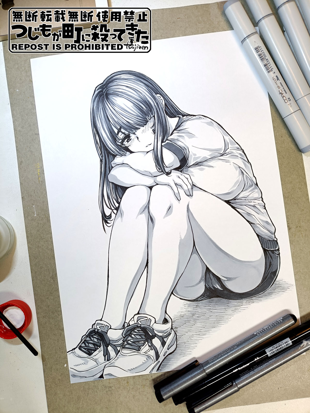 tsujizen, original, highres, pen (medium), photo (medium), traditional media, 1girl, blush, breasts, eyebrows hidden by hair, from side, gym shorts, gym uniform, hair between eyes, hair over one eye, knees up, large breasts, long hair, looking at viewer, monochrome, open mouth, shadow, shoes, shorts, simple background, sitting, sneakers, solo, white background