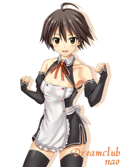 kisugi akira, nao (dream c club), dream c club, dream c club (series), ahoge, armpits, brown hair, detached sleeves, elbow gloves, flat chest, gloves, maid, short hair, solo, thighhighs, waitress