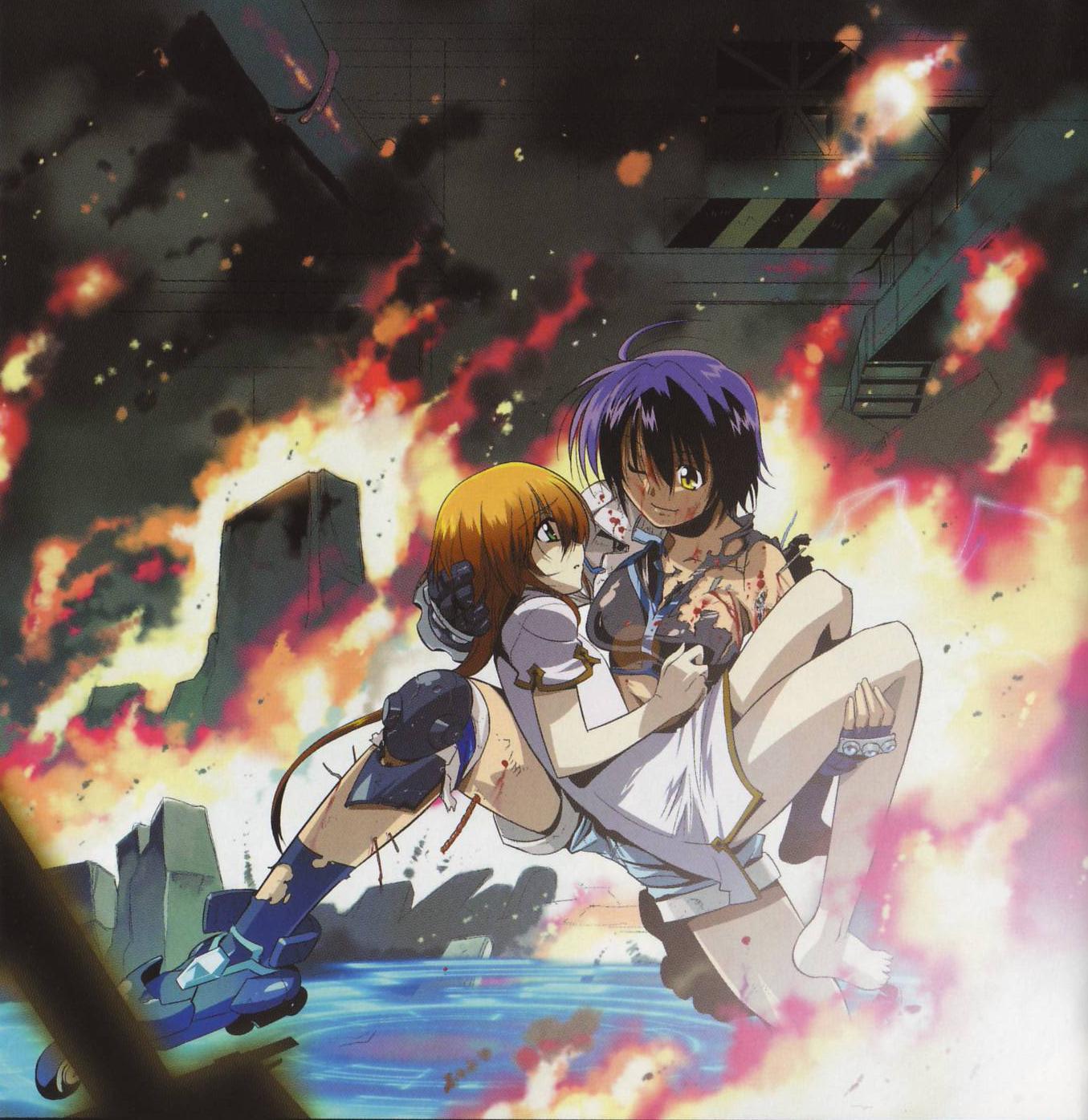 okuda yasuhiro, ixveria, revolver knuckle, subaru nakajima, lyrical nanoha, mahou shoujo lyrical nanoha, mahou shoujo lyrical nanoha strikers, mahou shoujo lyrical nanoha strikers sound stage x, torn legwear, highres, 00s, 2girls, blonde hair, blood, blood on face, blue hair, carrying, cuts, damaged, green eyes, hand on another's head, indoors, injury, multiple girls, on one knee, ripples, smoke, socks, torn clothes, torn socks, yellow eyes