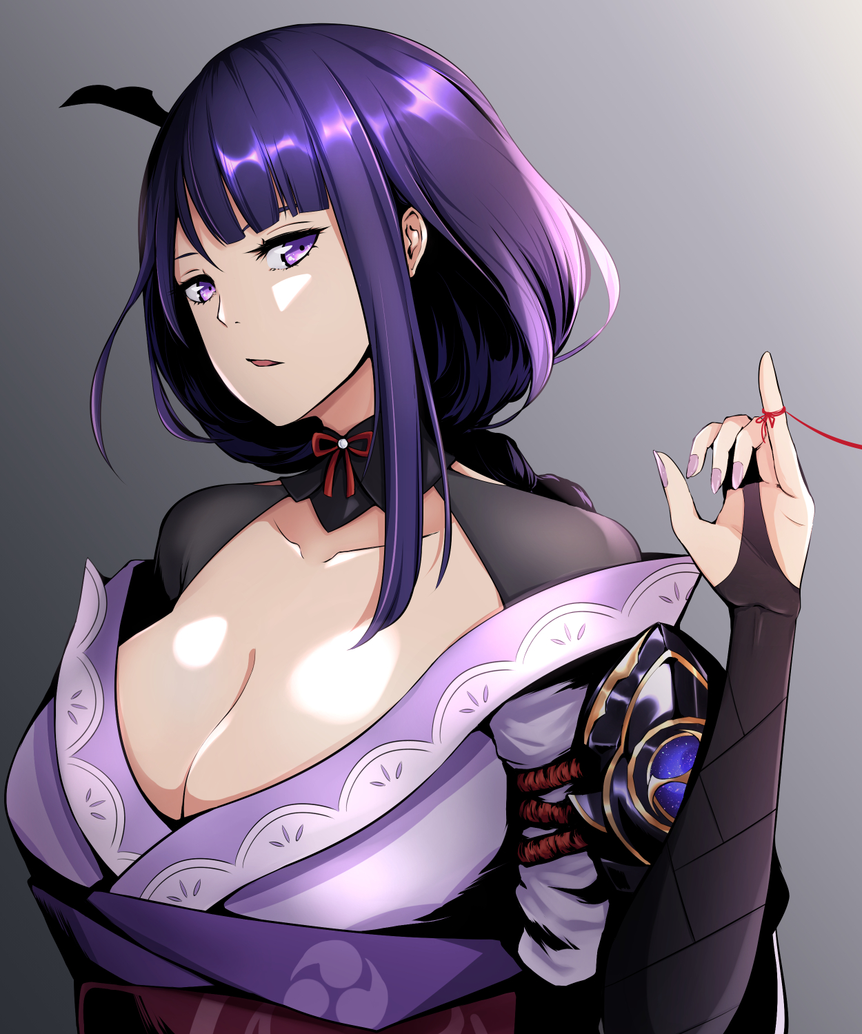 shin'ya reiji, raiden shogun, genshin impact, commentary request, highres, 1girl, armor, blunt bangs, braid, breasts, bridal gauntlets, cleavage, clothing cutout, collarbone, from side, gradient background, grey background, hair ornament, head tilt, japanese clothes, kimono, large breasts, long braid, long hair, looking to the side, neck ribbon, no mole, off shoulder, open mouth, pinky out, puffy sleeves, purple eyes, purple hair, purple kimono, purple nails, red ribbon, ribbon, shade, shoulder armor, shoulder cutout, single braid, solo, standing, string, string of fate, upper body