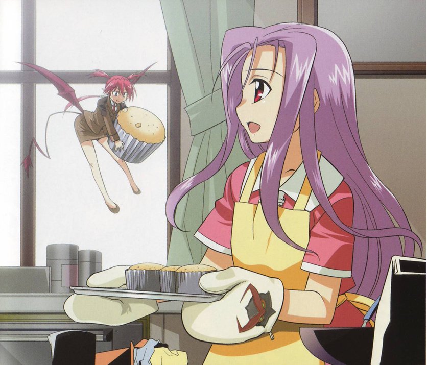 agito, agito (nanoha), lutecia alpine, lyrical nanoha, mahou shoujo lyrical nanoha, mahou shoujo lyrical nanoha strikers, non-web source, 00s, 2girls, apron, butter, cake, cupcake, curtains, food, formal clothes, indoors, long hair, military, military uniform, mini person, minigirl, multiple girls, necktie, open mouth, oven mitts, pastry, purple hair, red eyes, skirt, skirt suit, suit, tray, window