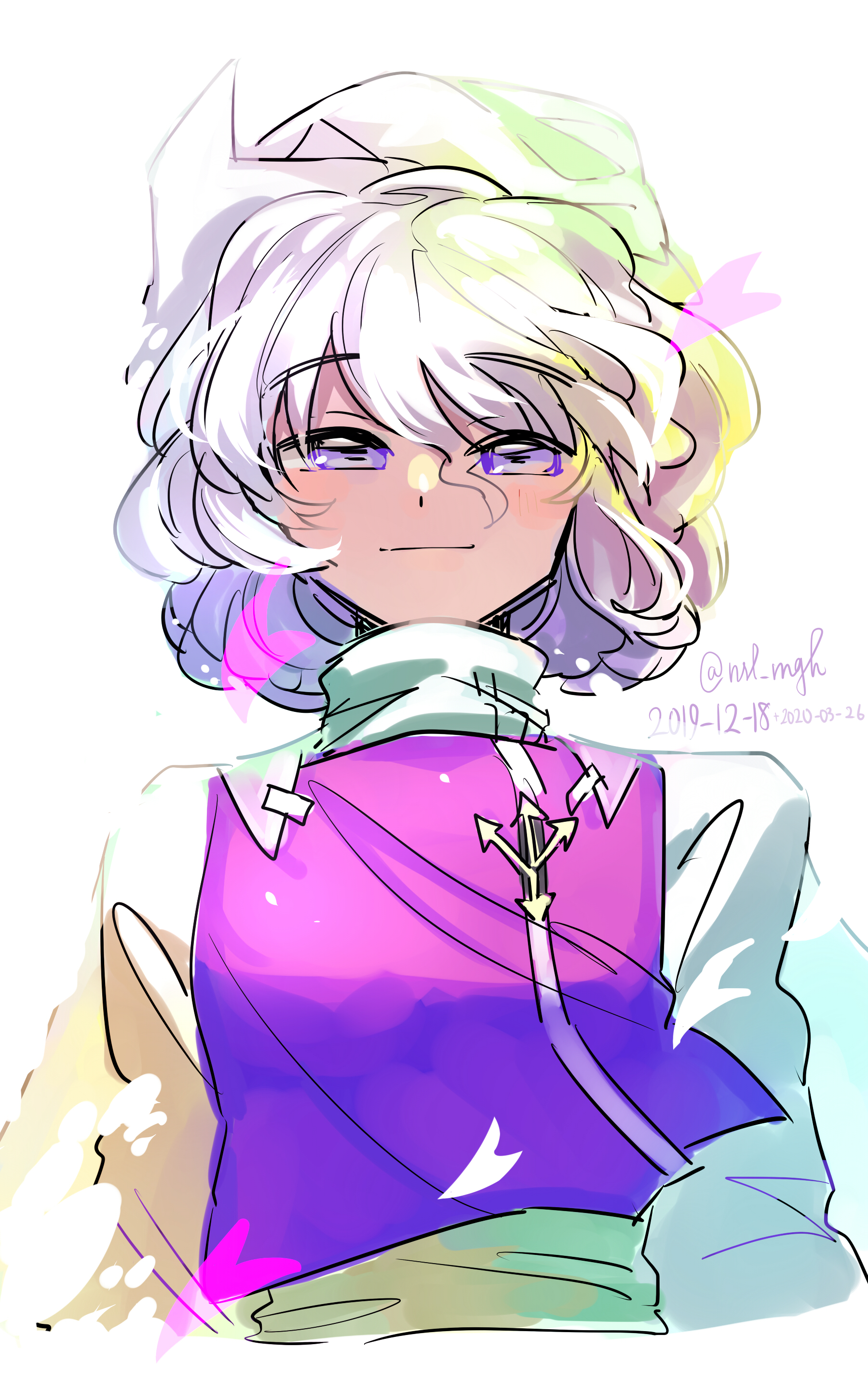 ichirugi, letty whiterock, touhou, absurdres, commentary, highres, 1girl, cherry blossoms, cropped torso, dated, falling petals, hat, light smile, looking at viewer, petals, purple eyes, purple hair, purple vest, shirt, short hair, solo, twitter username, upper body, vest, white hat, white shirt