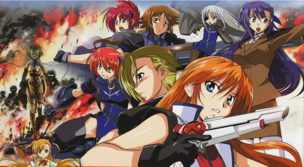 luen kulo, okuda yasuhiro, cinque (nanoha), cross mirage, dieci (nanoha), ginga nakajima, lunessa magnus, marriage (nanoha), nove (nanoha), numbers (nanoha), teana lanster, vivio, wendi (nanoha), lyrical nanoha, mahou shoujo lyrical nanoha, mahou shoujo lyrical nanoha strikers, mahou shoujo lyrical nanoha strikers sound stage x, silver hair, non-web source, 00s, 6+girls, bare shoulders, black gloves, blonde hair, blue eyes, brown hair, expressionless, eyepatch, fire, gloves, green eyes, gun, handgun, heterochromia, holding, holding weapon, long hair, looking at viewer, multiple girls, orange hair, pistol, profile, purple hair, red eyes, red hair, shaded face, short hair, weapon, yellow eyes