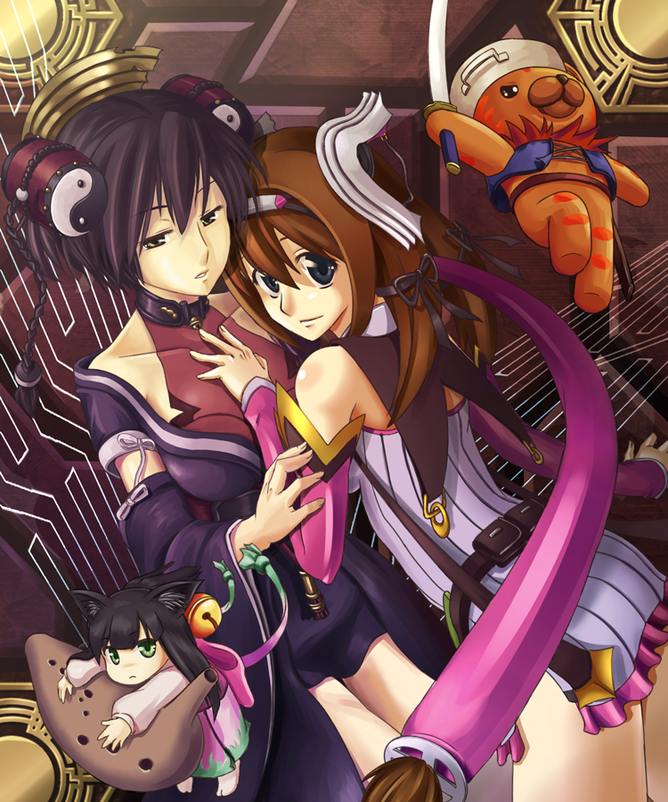 tsukeyakiba, aurica nestmile, don leon, hama (ar tonelico), misha arsellec lune, ar tonelico, ar tonelico i, gust, striped, 00s, :<, animal ears, bell, belt, black hair, blue eyes, brown hair, cat ears, detached sleeves, dress, green eyes, hair ornament, hug, instrument, long hair, mini person, minigirl, ocarina, smile, stuffed animal, stuffed toy, sword, teddy bear, very long hair, weapon, yin yang, yuri