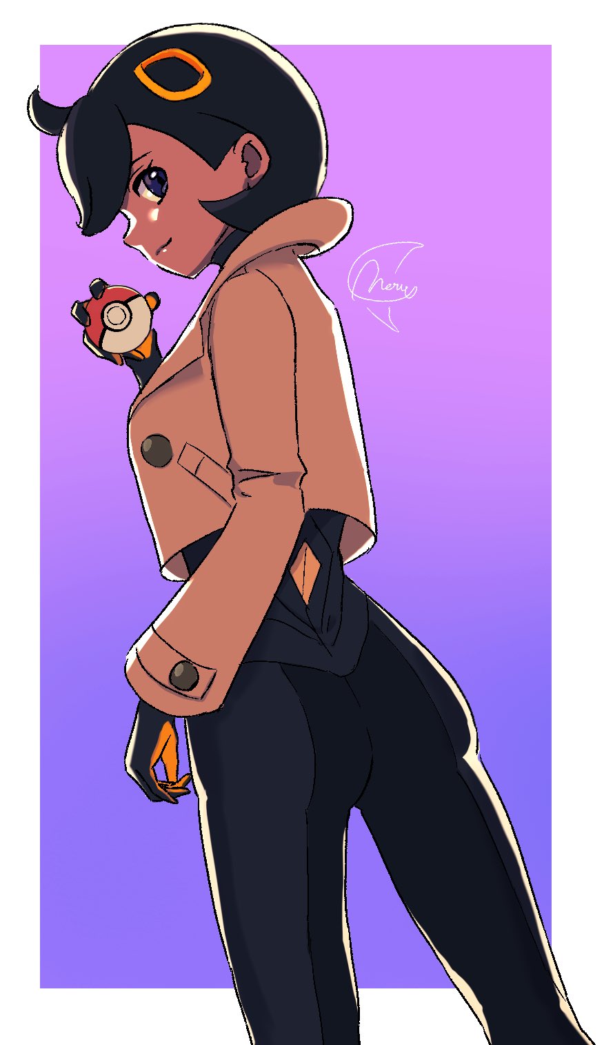 meru merume603, emma (pokemon), nintendo, pokemon, pokemon legends: z-a, commentary, highres, 1girl, black bodysuit, black hair, bodysuit, bodysuit under clothes, border, brown jacket, closed mouth, collared jacket, gloves, hair ornament, hand up, holding, holding poke ball, jacket, long sleeves, looking back, outside border, poke ball, poke ball (basic), purple background, short hair, signature, smile, solo, white border