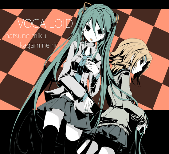 fruit punch, hatsune miku, kagamine rin, vocaloid, 2girls, :o, aqua hair, black thighhighs, blonde hair, dutch angle, hair ornament, hairclip, high contrast, letterboxed, long hair, miniskirt, multiple girls, necktie, open mouth, pleated skirt, short hair, skirt, standing, thighhighs, twintails, very long hair, zettai ryouiki