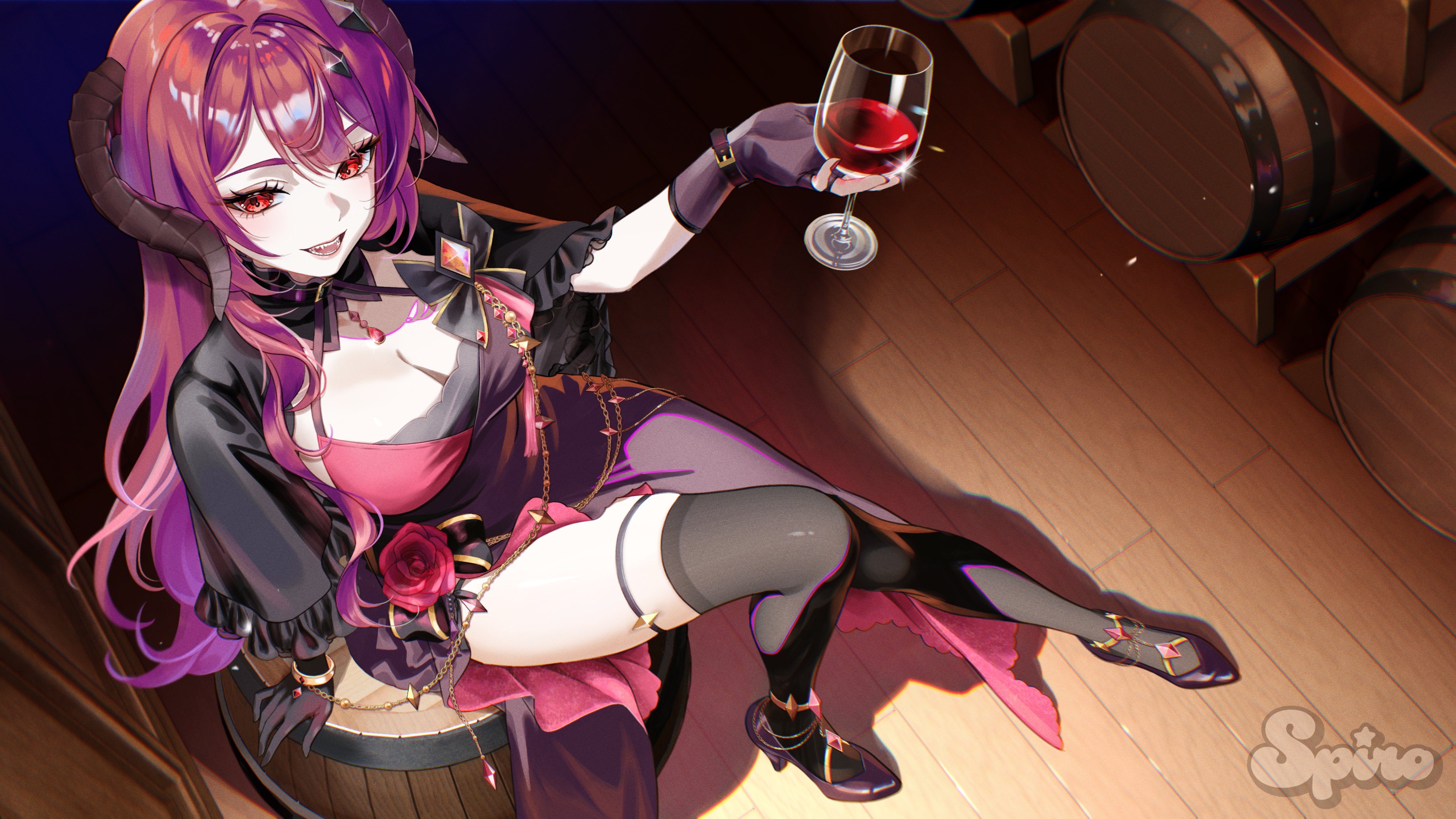 spiro (supirou2052), indie virtual youtuber, absurdres, highres, 1girl, alcohol, artist name, asymmetrical gloves, asymmetrical legwear, barrel, black gloves, black horns, black shoes, bracelet, breasts, cleavage, colored inner hair, cup, dress, drinking glass, eyelashes, fingerless gloves, flower, gloves, gold bracelet, high heels, holding, holding cup, horns, jewelry, long hair, mismatched gloves, multicolored hair, pbjae, purple hair, red eyes, red flower, red hair, red rose, red wine, rose, shadow, shoes, single fingerless glove, single leg pantyhose, single thighhigh, smile, solo, thighhighs, virtual youtuber, wine, wine glass, wooden floor