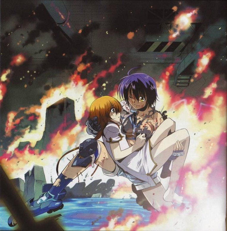 okuda yasuhiro, ixveria, revolver knuckle, subaru nakajima, lyrical nanoha, mahou shoujo lyrical nanoha, mahou shoujo lyrical nanoha strikers, mahou shoujo lyrical nanoha strikers sound stage x, torn legwear, duplicate, 00s, 2girls, blood, blood on face, carrying, cuts, fire, hand on another's head, indoors, injury, multiple girls, on one knee, ripples, smoke, socks, torn clothes, torn socks