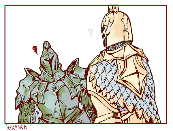 kanon (rsl), fume knight, velstadt the royal aegis, dark souls (series), dark souls ii, commentary, 2boys, ?, armor, artist name, border, breastplate, closed mouth, full armor, gold armor, green armor, helm, helmet, knight, looking at another, male focus, multiple boys, pauldrons, shoulder armor, simple background, squiggle, upper body, white background, white border