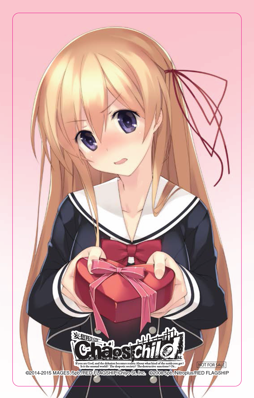 sasaki mutsumi, kurusu nono, chaos;child, science adventure, highres, official art, 1girl, blonde hair, blush, bow, box, buttons, chest bow, chocolate, collarbone, copyright name, cropped jacket, double-breasted, dress vest, fingernails, food, gift, hair between eyes, hair ribbon, heart-shaped box, hekiho academy school uniform, holding, holding chocolate, holding food, holding gift, lips, long hair, long sleeves, miniskirt, open mouth, purple eyes, red bow, red ribbon, ribbon, sailor collar, school uniform, skirt, solo, tongue, valentine, white sailor collar