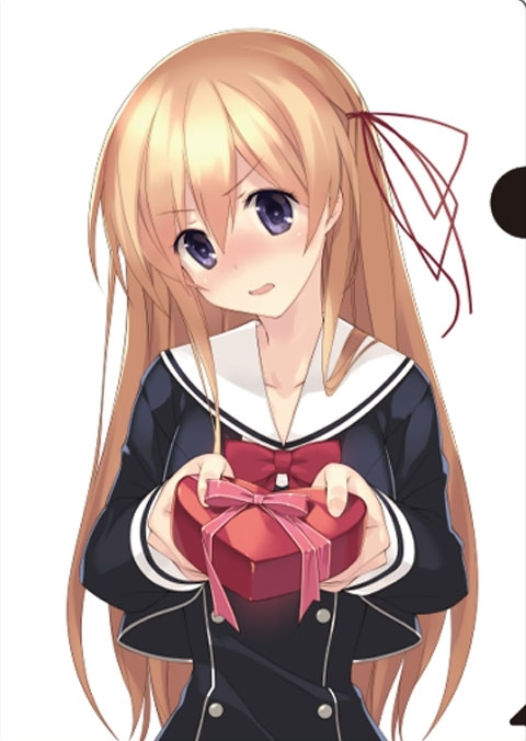 sasaki mutsumi, kurusu nono, chaos;child, science adventure, official art, 1girl, blonde hair, blush, bow, box, buttons, chest bow, chocolate, collarbone, cropped jacket, double-breasted, dress vest, fingernails, food, gift, hair between eyes, hair ribbon, heart-shaped box, hekiho academy school uniform, holding, holding chocolate, holding food, holding gift, lips, long hair, long sleeves, miniskirt, open mouth, purple eyes, red bow, red ribbon, ribbon, sailor collar, school uniform, skirt, solo, tongue, valentine, white sailor collar