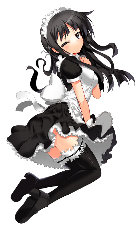 char, akiyama mio, k-on!, 00s, 1girl, alternate costume, apron, black hair, black thighhighs, blue eyes, blunt bangs, enmaided, female focus, frilled thighhighs, frills, hime cut, lingerie, maid, maid apron, maid headdress, one eye closed, petticoat, solo, thighhighs, underwear, wink