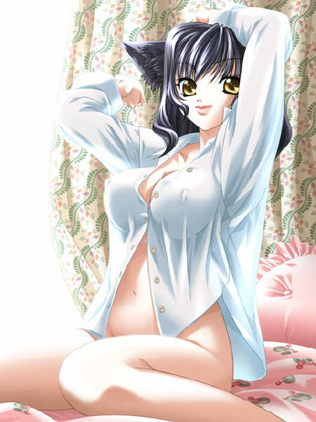 animal ears, bed, black hair, cat ears, kneeling, long hair, navel, thighhighs, unbuttoned, yellow eyes