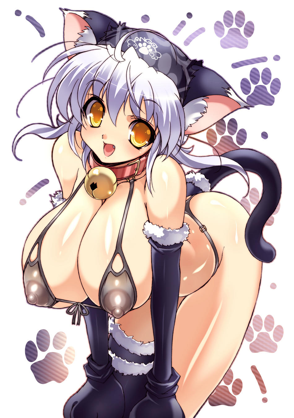 highres, animal ears, bikini, breasts, cleavage, collar, large breasts, swimsuit, tail