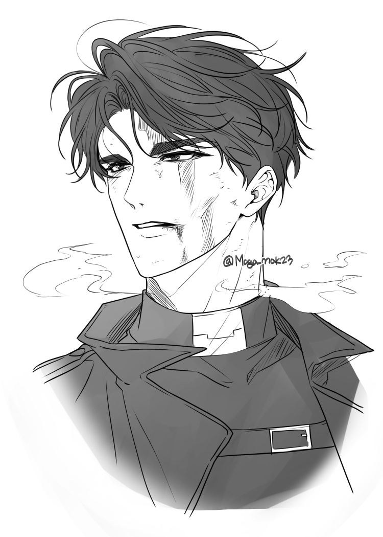 maga mok23, yoo joonghyuk, omniscient reader's viewpoint, commentary request, korean commentary, 1boy, belt, black coat, black eyes, black hair, black shirt, blood, blood from forehead, blood from mouth, blood on face, breath, coat, crew neck, curtained hair, greyscale, male focus, monochrome, narrowed eyes, open clothes, open coat, parted lips, popped collar, portrait, serious, shirt, short hair, solo, sweat