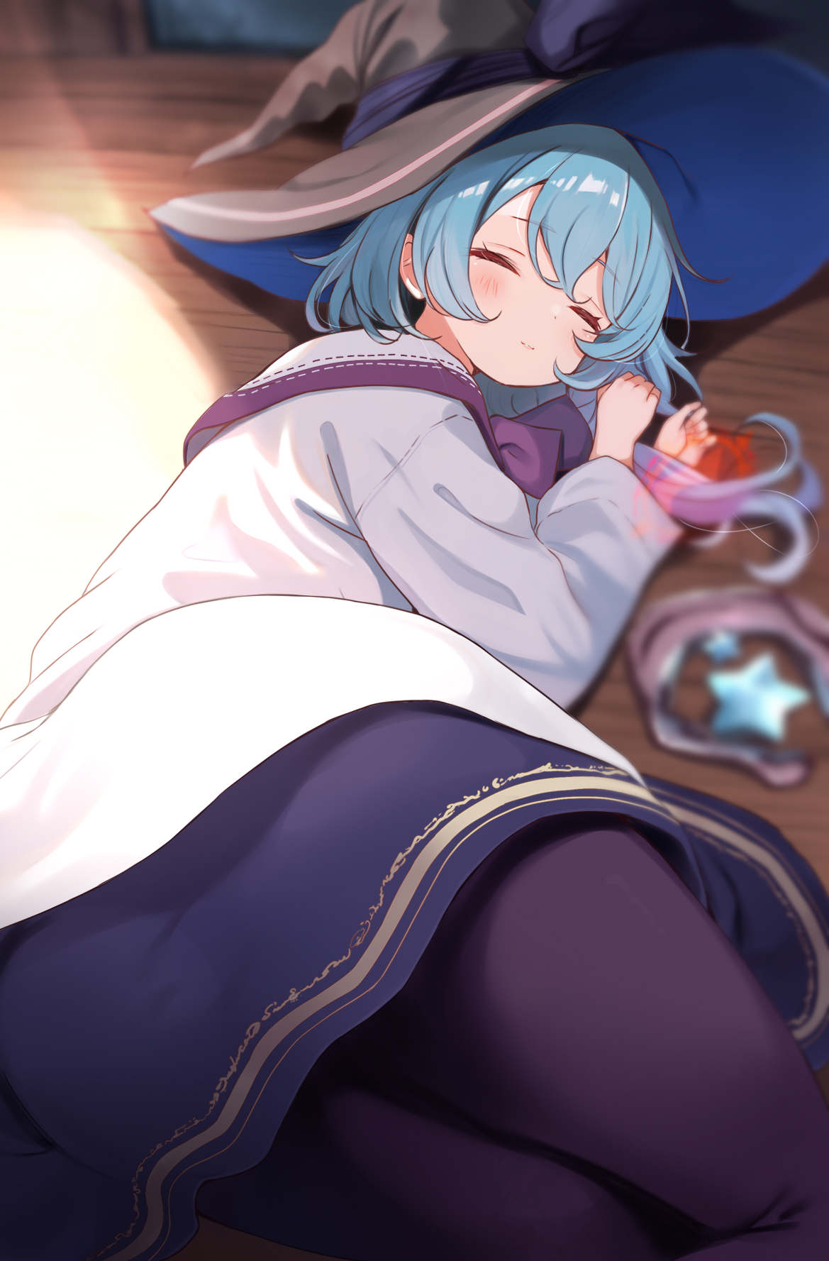 komone ushio, original, highres, 1girl, aqua hair, ass, black hat, black pantyhose, blue hair, blurry, blurry background, blush, closed eyes, closed mouth, depth of field, hair between eyes, hat, indoors, long hair, long sleeves, lying, on floor, on side, pantyhose, parted lips, purple thighhighs, robe, shirt, short hair, skirt, sleeping, solo, thighhighs, white robe, white shirt, witch hat, wooden floor