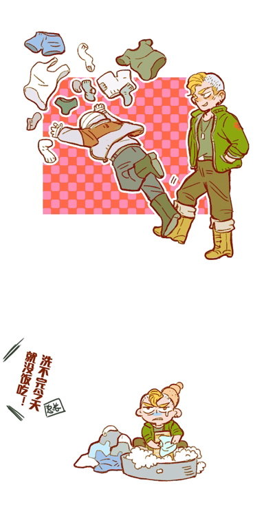 kanon (rsl), 621 (armored core vi), armored core, armored core vi: fires of rubicon, commentary, translation request, 2boys, bandaged head, bandages, black boots, blonde hair, boots, brown boots, brown jacket, chinese text, folded clothes, full body, g4 volta, green jacket, green shirt, grin, jacket, looking at another, male focus, mohawk, multiple boys, multiple head bumps, open clothes, open jacket, shirt, short hair, sitting, smile, standing, tripping, washbowl, washing clothes, white background