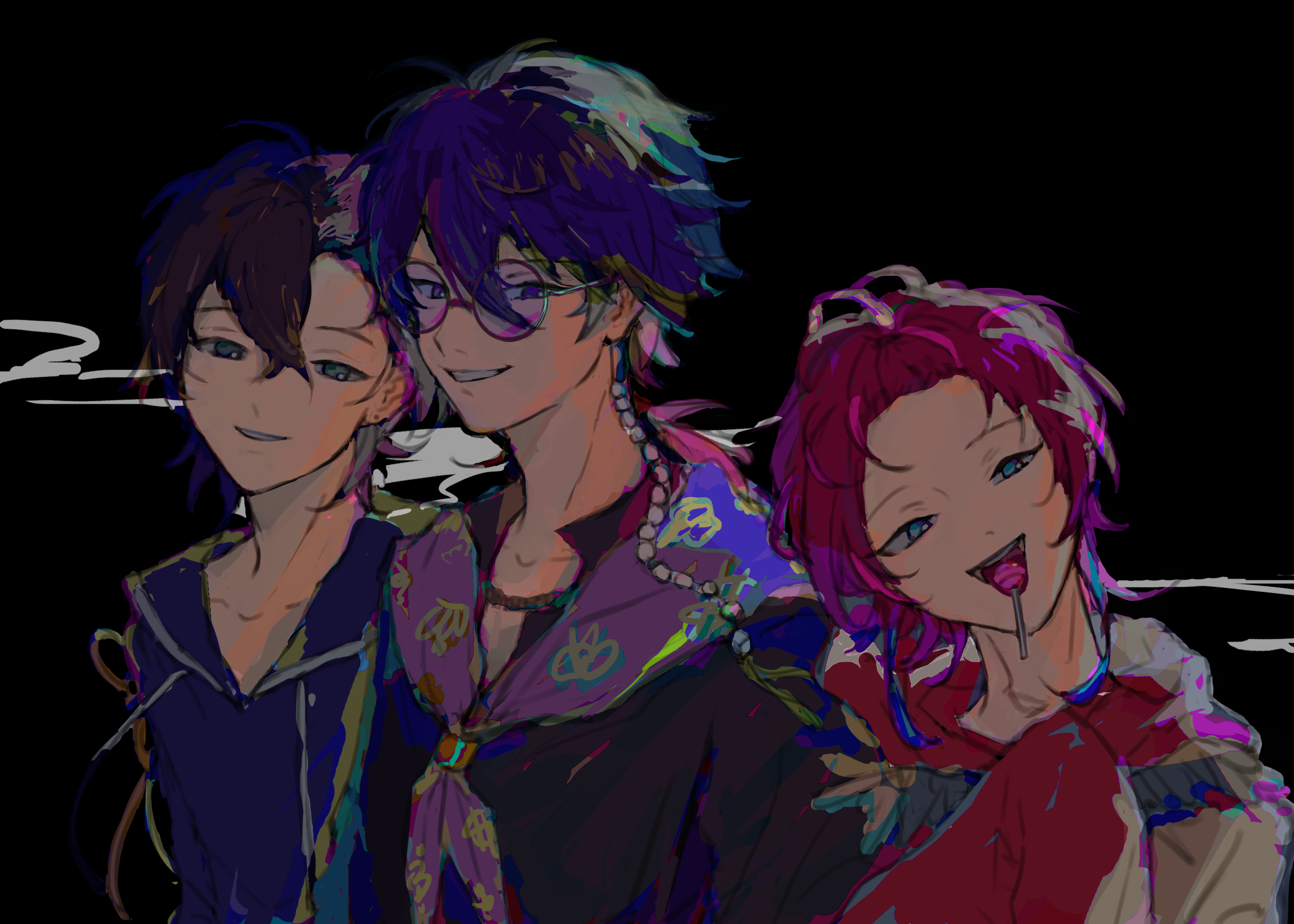 sang (3soun), amemura ramuda, arisugawa dice, yumeno gentaro, hypnosis mic, commentary, highres, 3boys, black background, brown hair, candy, earrings, food, glasses, jewelry, lollipop, multiple boys, red hair, round eyewear, short hair, sketch, stud earrings