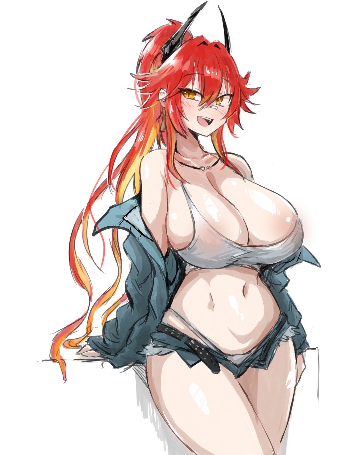 geist43195783, red hood (nikke), goddess of victory: nikke, highres, 1girl, bandaid, bandaid on face, bandaid on nose, black horns, camisole, denim, denim jacket, gauze, gauze on nose, horns, jacket, mechanical horns, official alternate costume, official alternate hairstyle, red hair, red hood (retro days) (nikke), simple background, solo, white background, white camisole, yellow eyes