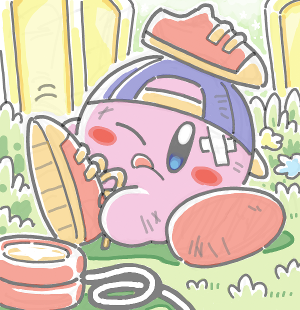 gogoheaven welcomehell, kirby, kirby (series), nintendo, adjusting footwear, backwards hat, bandaid, bandaid on head, baseball cap, blush stickers, bourbon (kirby), colored skin, copy ability, crossed bandaids, grass, hat, no humans, pink skin, shoes, solo, tongue, tongue out, unworn shoes, yo-yo, yo-yo kirby
