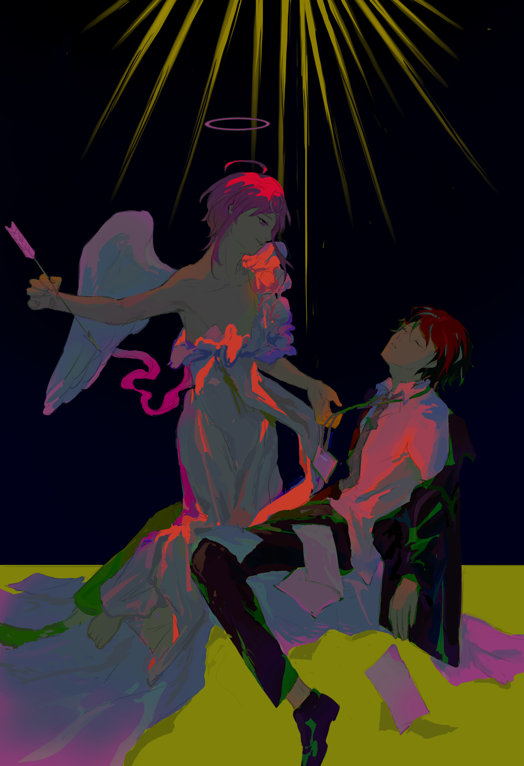 sang (3soun), amemura ramuda, kannonzaka doppo, hypnosis mic, absurdres, commentary, highres, 2boys, angel, angel wings, arrow (projectile), black background, halo, multiple boys, pink halo, red hair, single bare shoulder, sketch, wings