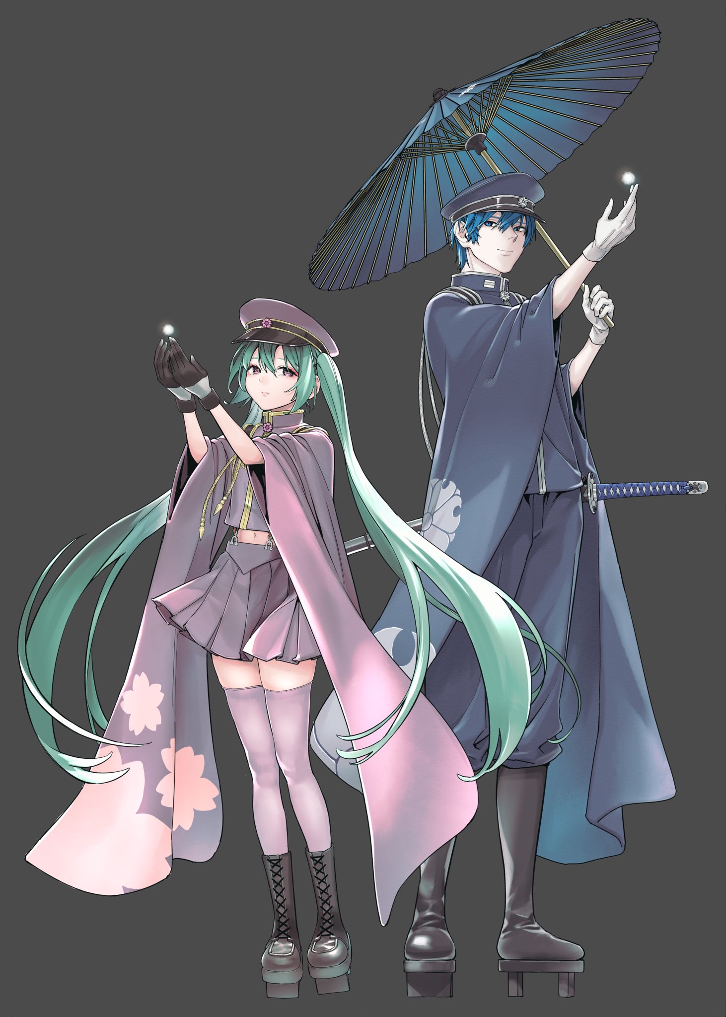 sanka kumaru, hatsune miku, kaito (vocaloid), senbonzakura (vocaloid), vocaloid, commentary request, highres, official art, 1boy, 1girl, aqua hair, black background, black boots, black gloves, black shoes, blue eyes, blue hair, blue hat, blue jacket, blue pants, boots, brown eyes, closed mouth, eyeshadow, full body, gloves, hair between eyes, hat, holding, holding umbrella, jacket, long hair, long sleeves, makeup, oil-paper umbrella, pants, pink hat, pink jacket, pink skirt, pink thighhighs, pleated skirt, red eyeshadow, shoes, skirt, smile, thighhighs, twintails, umbrella, very long hair, white gloves, wide sleeves