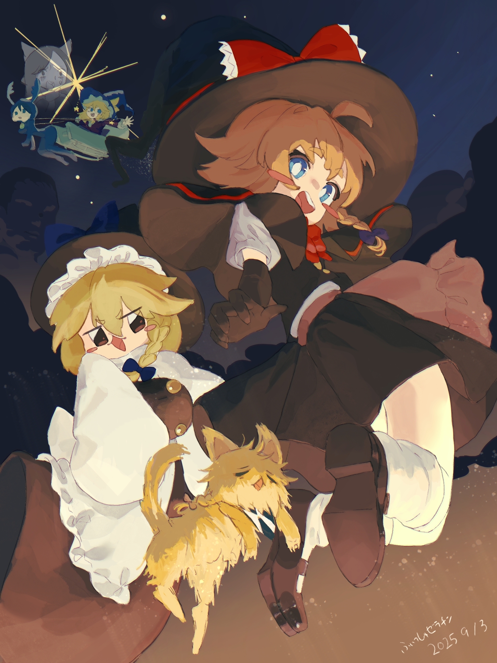 hakurei reimu, kirisame marisa, koga (cookie), meguru (cookie), ruka (cookie), shiromiya rei, yajuu senpai, yuuhi (cookie), cookie (touhou), manatsu no yo no inmu, touhou, commentary request, highres, 4girls, ahoge, animal costume, black capelet, black hat, black shoes, black skirt, black vest, blonde hair, blue eyes, blush stickers, bow, bowtie, braid, bright pupils, brown eyes, buttons, capelet, cat, dated, fish zeratin, full body, hair bow, hat, jumping, looking at viewer, multiple girls, open mouth, red bow, red bowtie, reindeer costume, shirt, shoes, short hair, side braid, single braid, skirt, skirt set, sky, sleeves past fingers, sleeves past wrists, sleigh, smile, socks, star (sky), starry sky, vest, white pupils, white shirt, white socks, witch hat, yellow cat