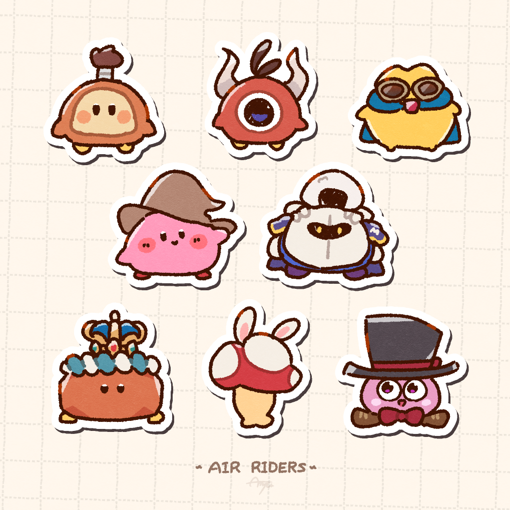 ameya (kappadoll), cappy (kirby), marx (kirby), meta knight, rocky (kirby), starman (kirby), waddle dee, waddle doo, kirby (series), kirby air ride, kirby air riders, nintendo, animal ears, blue cape, blush stickers, bow, bowtie, cape, colored skin, crown, fake animal ears, fake horns, food, food on head, hat, horns, no humans, object on head, one-eyed, onigiri, pink skin, rabbit ears, red bow, red bowtie, sunglasses, top hat, topknot, witch hat, yellow skin