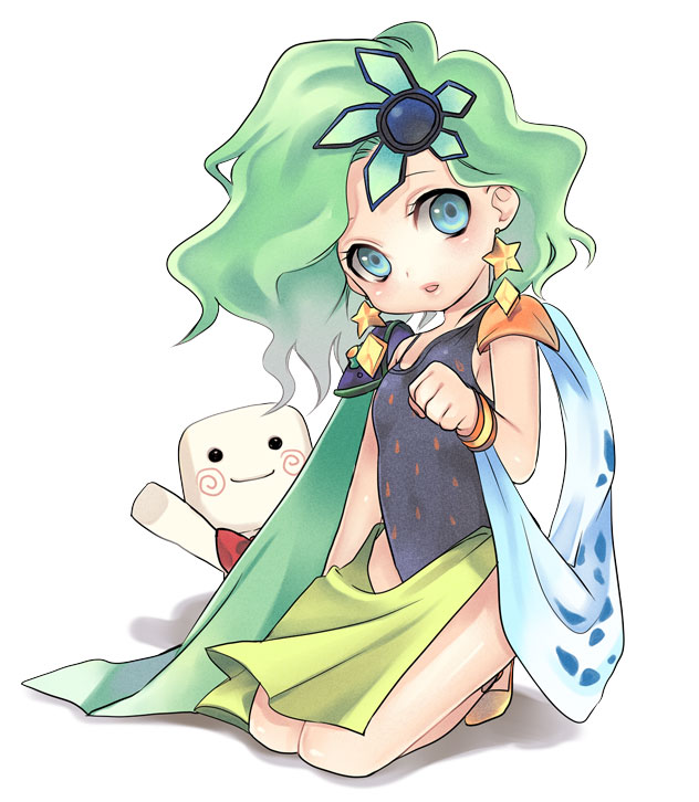 minecho, minekorosuke, rydia (ff4), rydia (young) (ff4), whyt, final fantasy, final fantasy iv, 1990s (style), 1girl, aged down, blue eyes, child, earrings, green hair, hair ornament, jewelry, leotard, long hair, retro artstyle, shoulder pads, simple background