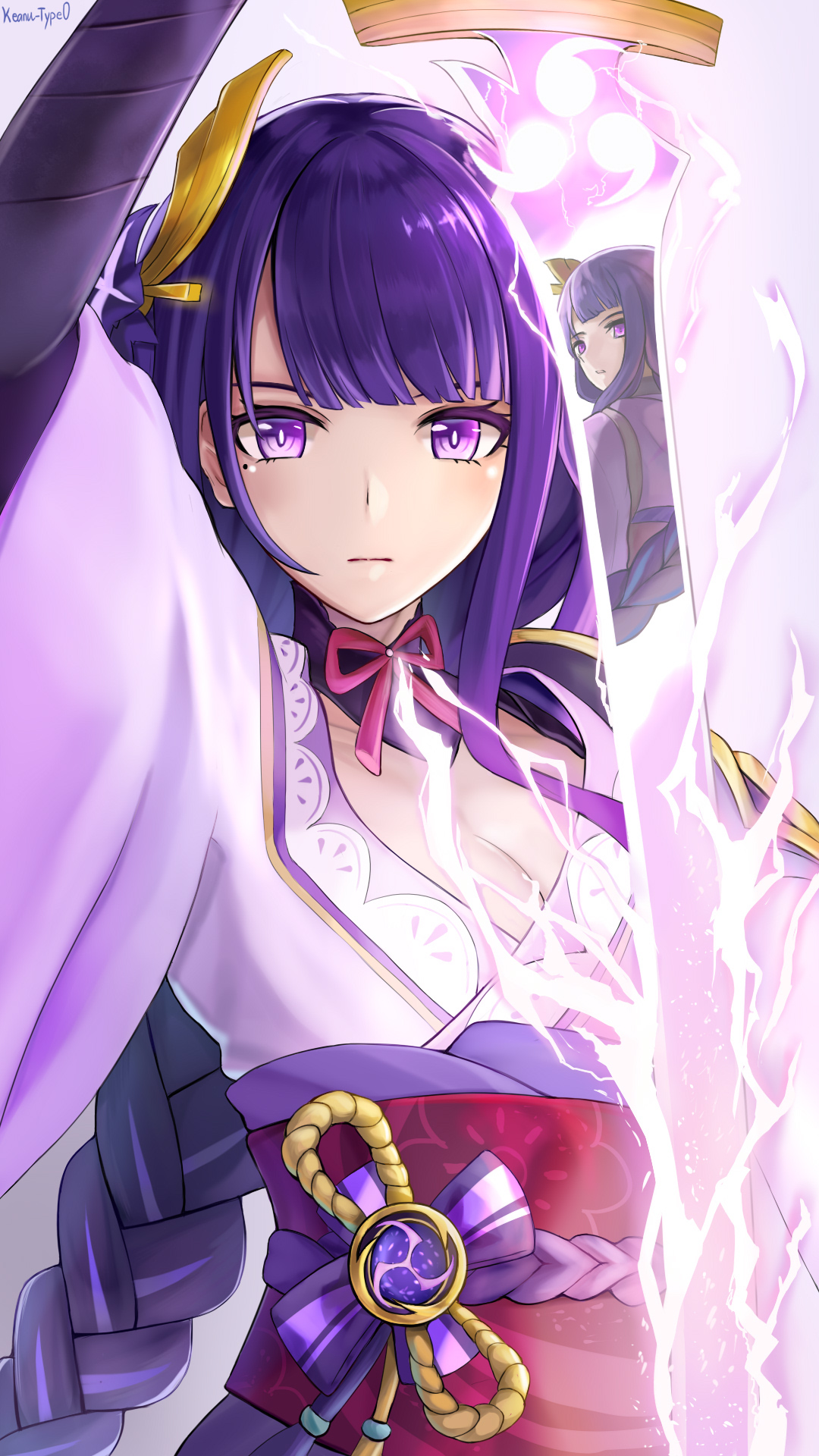 keanu-type0, makoto (genshin impact), raiden shogun, genshin impact, commentary, english commentary, highres, arm up, armor, artist name, blunt bangs, braid, breasts, cleavage, close-up, closed mouth, collarbone, electricity, expressionless, flower, flower ornament, glowing, glowing sword, glowing weapon, gradient background, hair ornament, holding, holding sword, holding weapon, japanese clothes, katana, kimono, large breasts, long braid, long hair, looking at viewer, looking to the side, mole, mole under eye, multicolored eyes, multicolored hair, musou isshin (genshin impact), neck ribbon, off shoulder, parted lips, purple background, purple eyes, purple flower, purple hair, purple kimono, red ribbon, red sash, reflection, ribbon, sash, shade, shoulder armor, siblings, simple background, single braid, sisters, solo focus, standing, streaked hair, sword, twins, upper body, weapon, wide sleeves