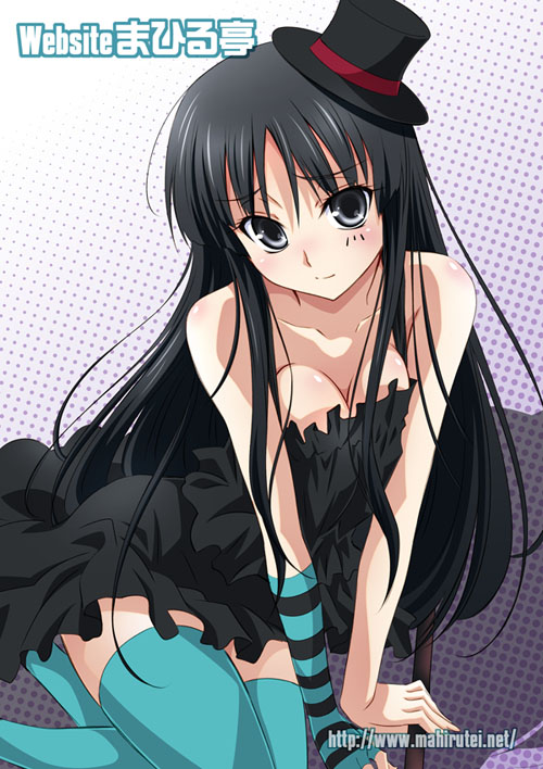 izumi mahiru, akiyama mio, don't say "lazy", k-on!, 00s, 1girl, blunt bangs, breasts, breasts squeezed together, cleavage, dress, facepaint, female focus, hat, hime cut, long hair, mini hat, mini top hat, solo, thighhighs, top hat