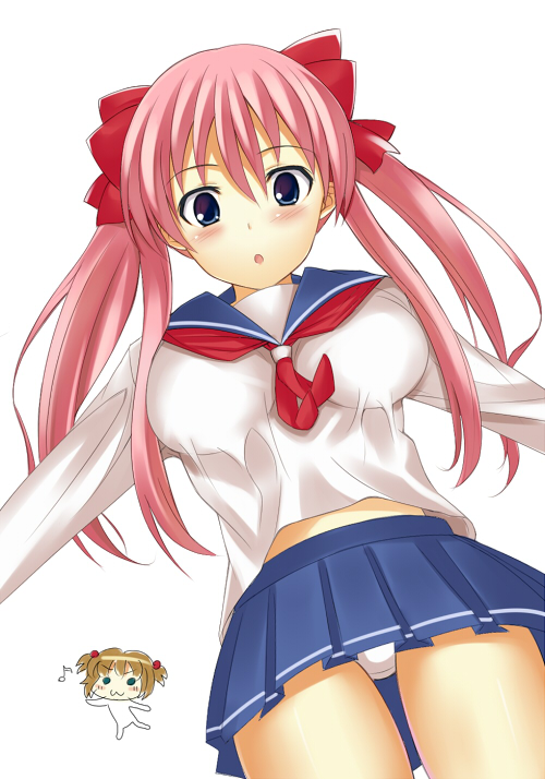 kisugi akira, haramura nodoka, kataoka yuuki, saki (manga), >:3, 00s, 2girls, :3, :o, blush, breasts, dutch angle, from below, hair ornament, hair ribbon, large breasts, looking down, miniskirt, multiple girls, musical note, open mouth, panties, pantyshot, pink hair, pleated skirt, purple eyes, ribbon, school uniform, serafuku, simple background, skirt, twintails, underwear, upskirt, v-shaped eyebrows, white panties