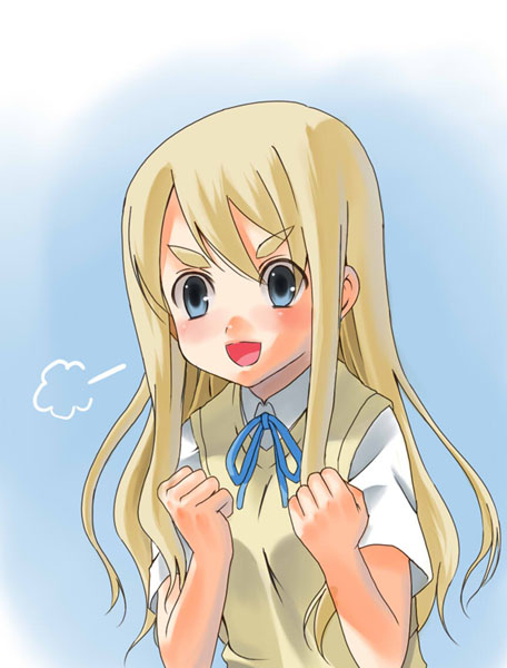 higeno shinshi, kotobuki tsumugi, k-on!, eyebrows, 00s, 1girl, blonde hair, blue eyes, female focus, gradient background, long hair, school uniform, solo
