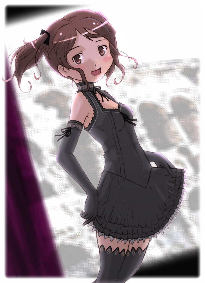 nyazui, nakata sae, amagami, brown hair, dress, elbow gloves, gloves, gothic lolita, lolita fashion, solo, thighhighs, twintails