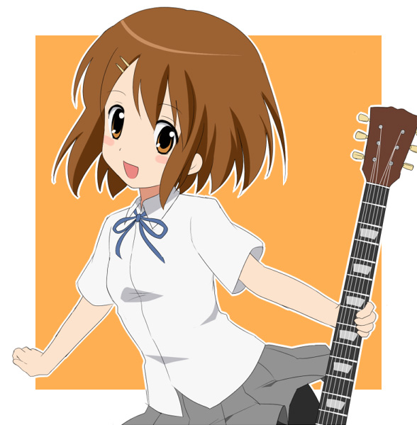 ochanomizu doggu, hirasawa yui, k-on!, bad id, bad pixiv id, 00s, 1girl, brown eyes, brown hair, female focus, guitar, instrument, pantyhose, school uniform, short hair, solo