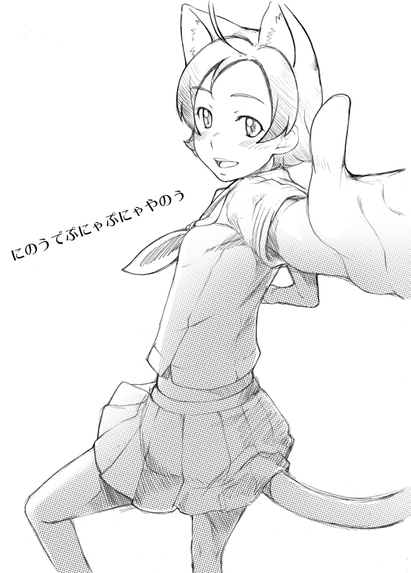 sakura kotetsu, kotetsu's catgirl, original, 1girl, ahoge, animal ears, cat ears, cat tail, female focus, foreshortening, greyscale, monochrome, outstretched arm, school uniform, short hair, skirt, solo, tail