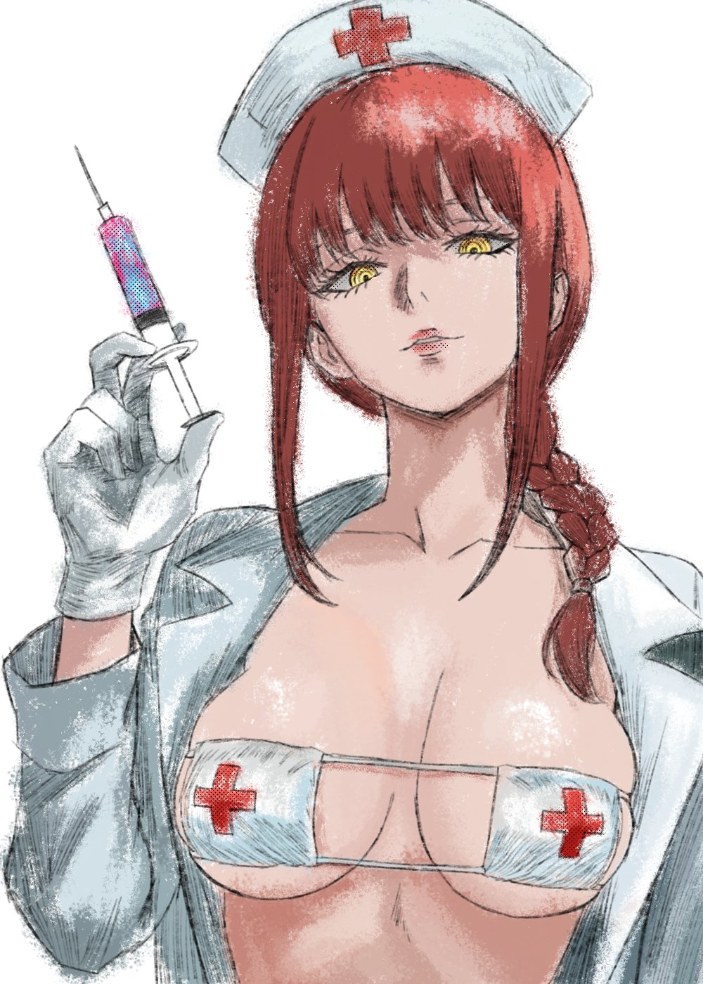 eddenikki, makima (chainsaw man), chainsaw man, highres, 1girl, alternate costume, bikini, braid, braided ponytail, breasts, eyepatch bikini, hair over shoulder, hat, holding, holding syringe, jacket, long hair, looking at viewer, medium breasts, nurse cap, parted lips, red hair, ringed eyes, sidelocks, simple background, solo, swimsuit, syringe, white background, white jacket, yellow eyes