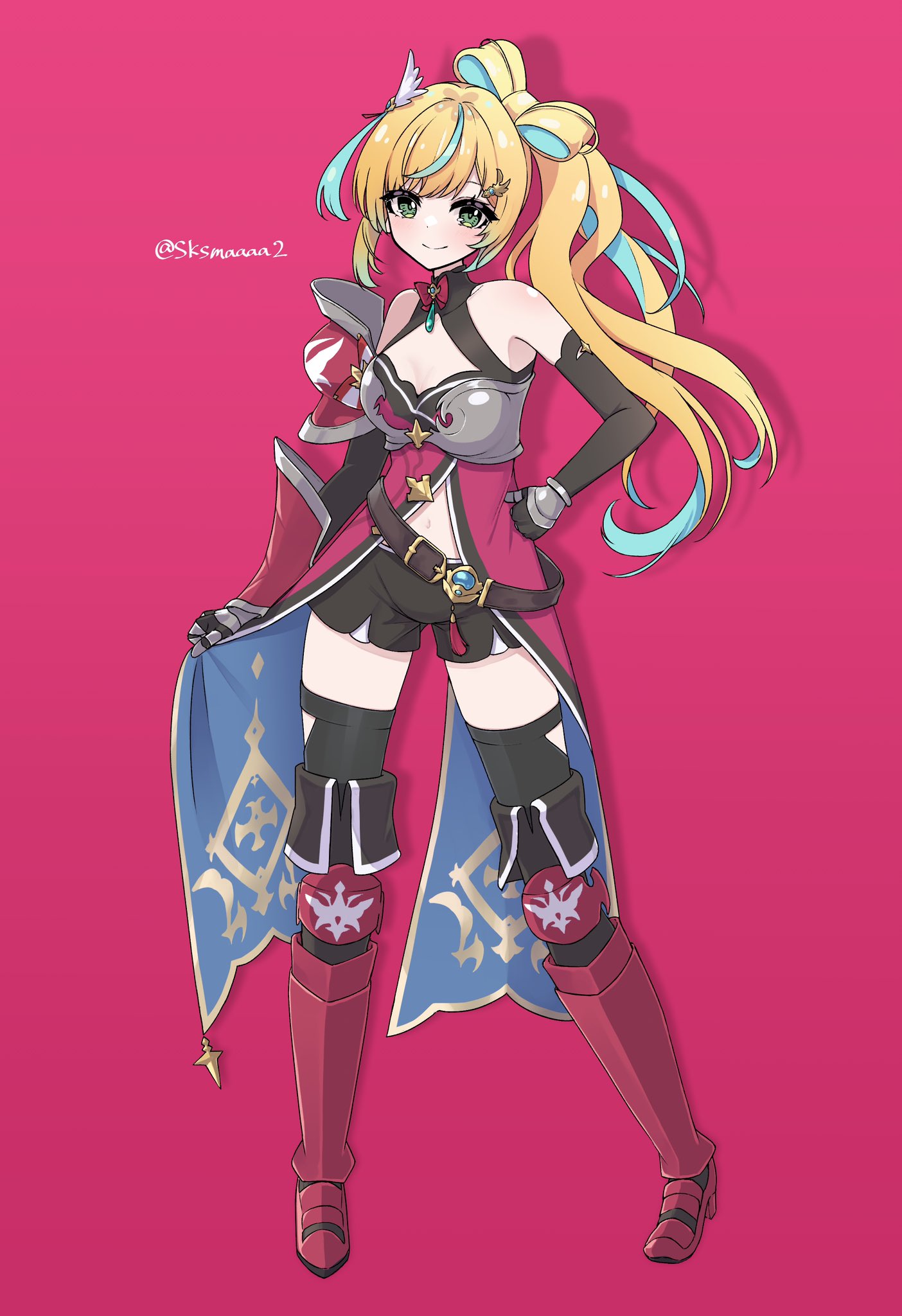 saka (sksmaaaa2), tachitsute toto, nijisanji, highres, 1girl, aqua hair, armor, axe, bare shoulders, belt, belt buckle, black gloves, black shorts, black thighhighs, blonde hair, blush, boots, breasts, buckle, cleavage, cleavage cutout, clothing cutout, double-sided axe, dress, elbow gloves, full body, gloves, green eyes, hair ornament, high heel boots, high heels, long hair, medium breasts, midriff, multicolored hair, navel, pauldrons, red background, ribbon hair, shorts, shoulder armor, side ponytail, single pauldron, single vambrace, sleeveless, sleeveless dress, solo, streaked hair, tachitsute toto (1st costume), thighhighs, twitter username, vambraces, virtual youtuber, wing hair ornament, wing hairpin