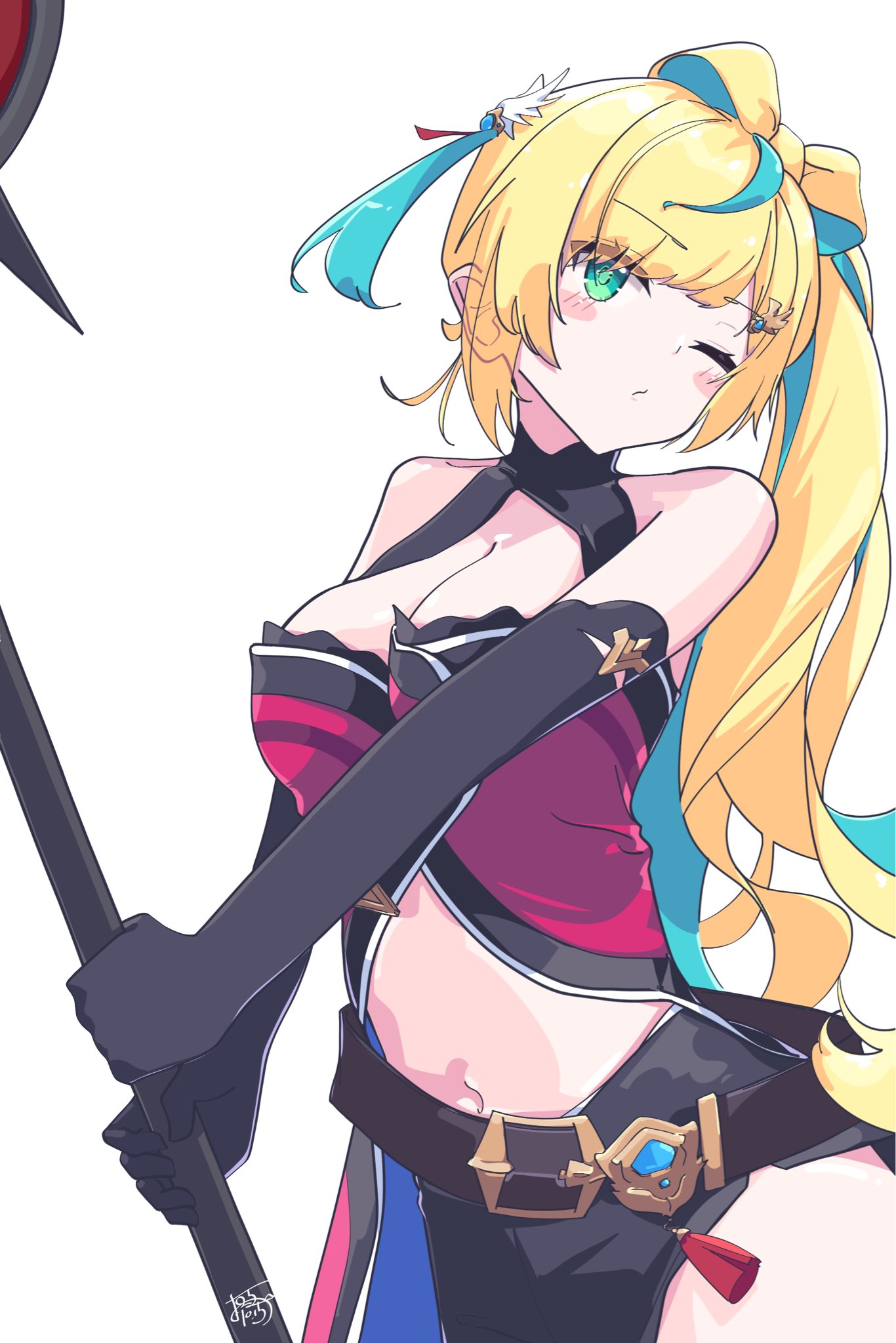 sunekos, tachitsute toto, nijisanji, highres, 1girl, aqua hair, axe, bare shoulders, battle axe, belt, belt buckle, black gloves, black shorts, blonde hair, blush, breasts, buckle, cleavage, cleavage cutout, clothing cutout, cowboy shot, double-sided axe, dress, elbow gloves, gloves, green eyes, hair ornament, holding, holding axe, large breasts, long hair, midriff, multicolored hair, navel, one eye closed, red dress, ribbon hair, shorts, side ponytail, signature, solo, streaked hair, tachitsute toto (1st costume), tassel, virtual youtuber, weapon, white background, wing hair ornament