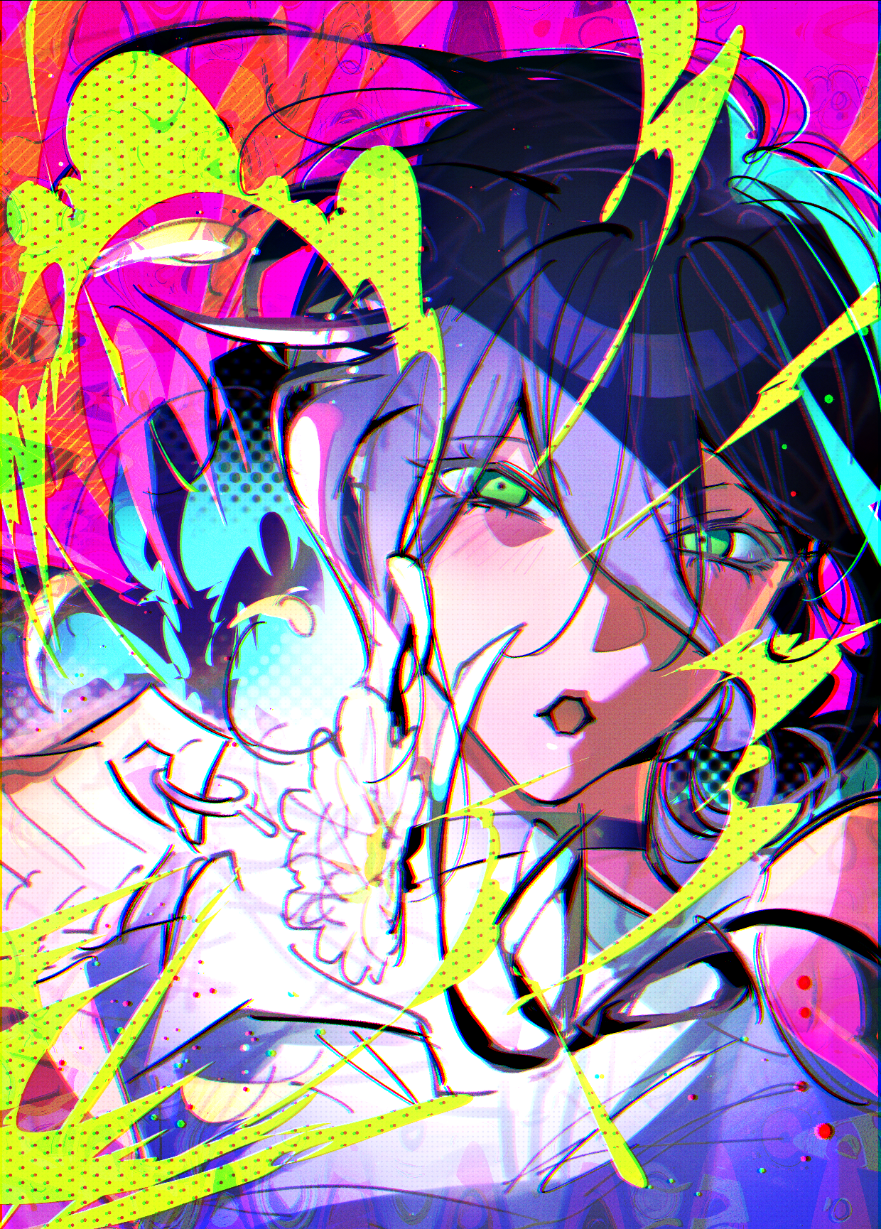 honla, reze (chainsaw man), chainsaw man, highres, 1girl, black choker, black ribbon, choker, colorful, green eyes, grenade pin, hair between eyes, looking at viewer, neck ribbon, open mouth, purple hair, ribbon, shirt, solo, white shirt