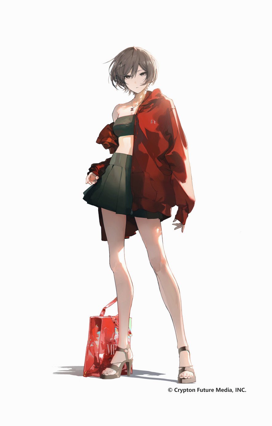 karasuro, meiko (vocaloid), vocaloid, commentary request, highres, official art, 1girl, brown eyes, brown hair, brown shoes, company name, copyright notice, full body, green skirt, high heel sandals, jacket, jewelry, looking at viewer, necklace, pleated skirt, red bag, red jacket, sandals, shoes, short hair, simple background, skirt, sleeves past wrists, solo, standing, strapless, toes, tube top, white background