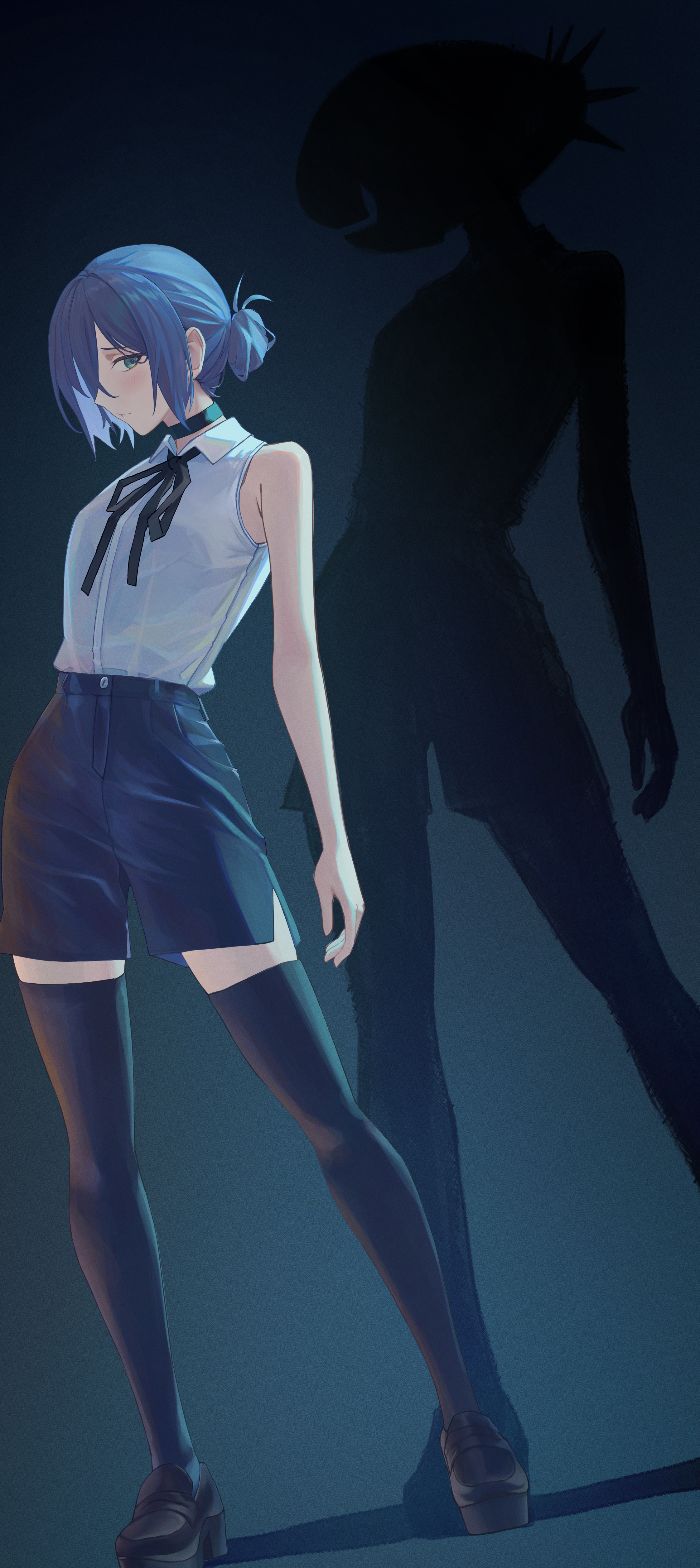 circles pen, bomb devil (chainsaw man), reze (chainsaw man), chainsaw man, absurdres, highres, black choker, black ribbon, black shorts, black thighhighs, blue hair, choker, collared shirt, different shadow, green eyes, hair bun, neck ribbon, ribbon, shadow, shirt, shorts, sleeveless, sleeveless shirt, thighhighs, white shirt