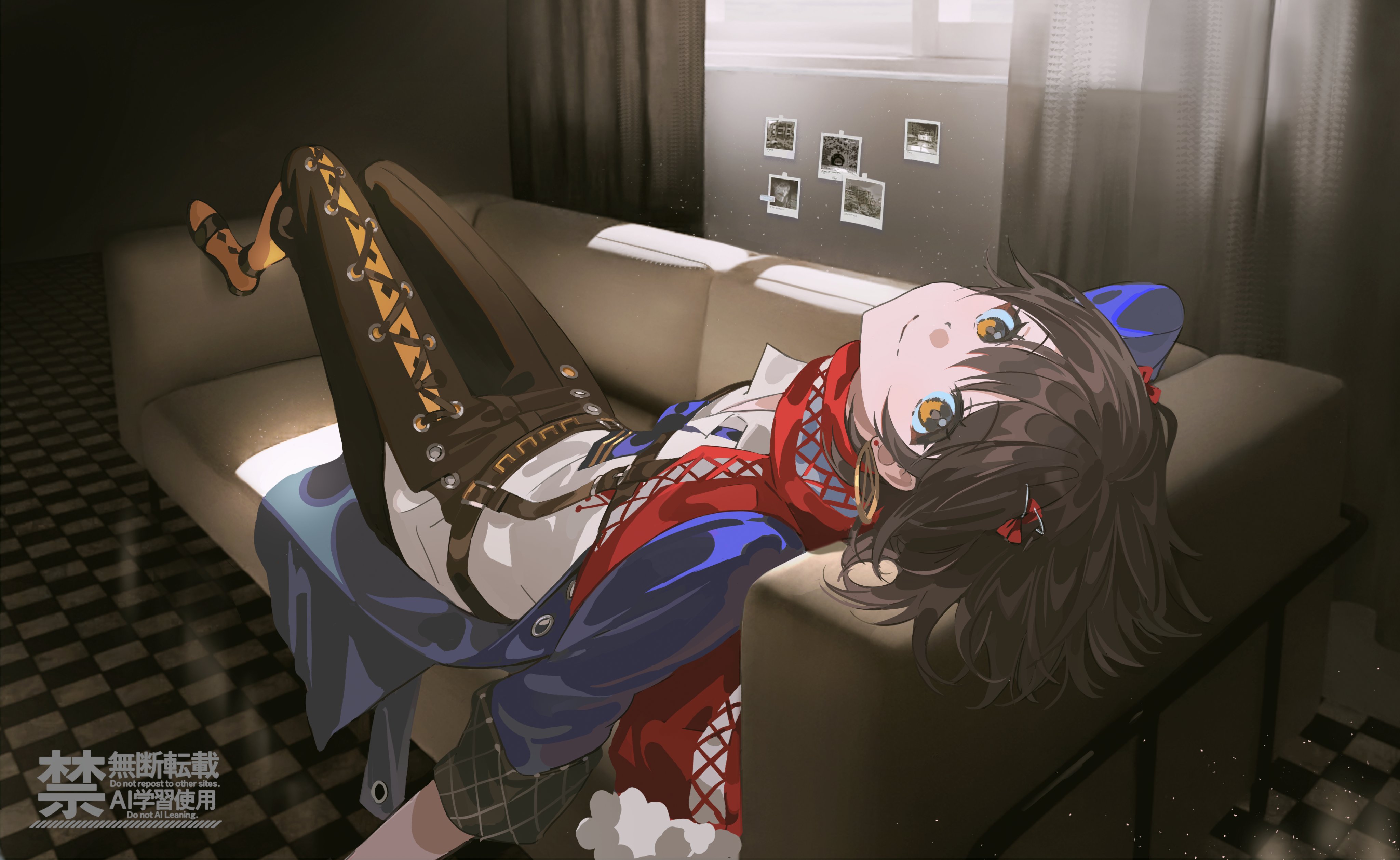 mandaring0, mashiro meme, nijisanji, absurdres, highres, 1boy, black hair, black pants, blue coat, checkered floor, coat, couch, curtains, indoors, looking at viewer, lying, male focus, on back, on couch, pants, pantyhose, red scarf, safety pin hair ornament, scarf, shirt, short hair, smile, solo, suspenders, trap, virtual youtuber, watermark, white shirt, window, yellow eyes, yellow pantyhose