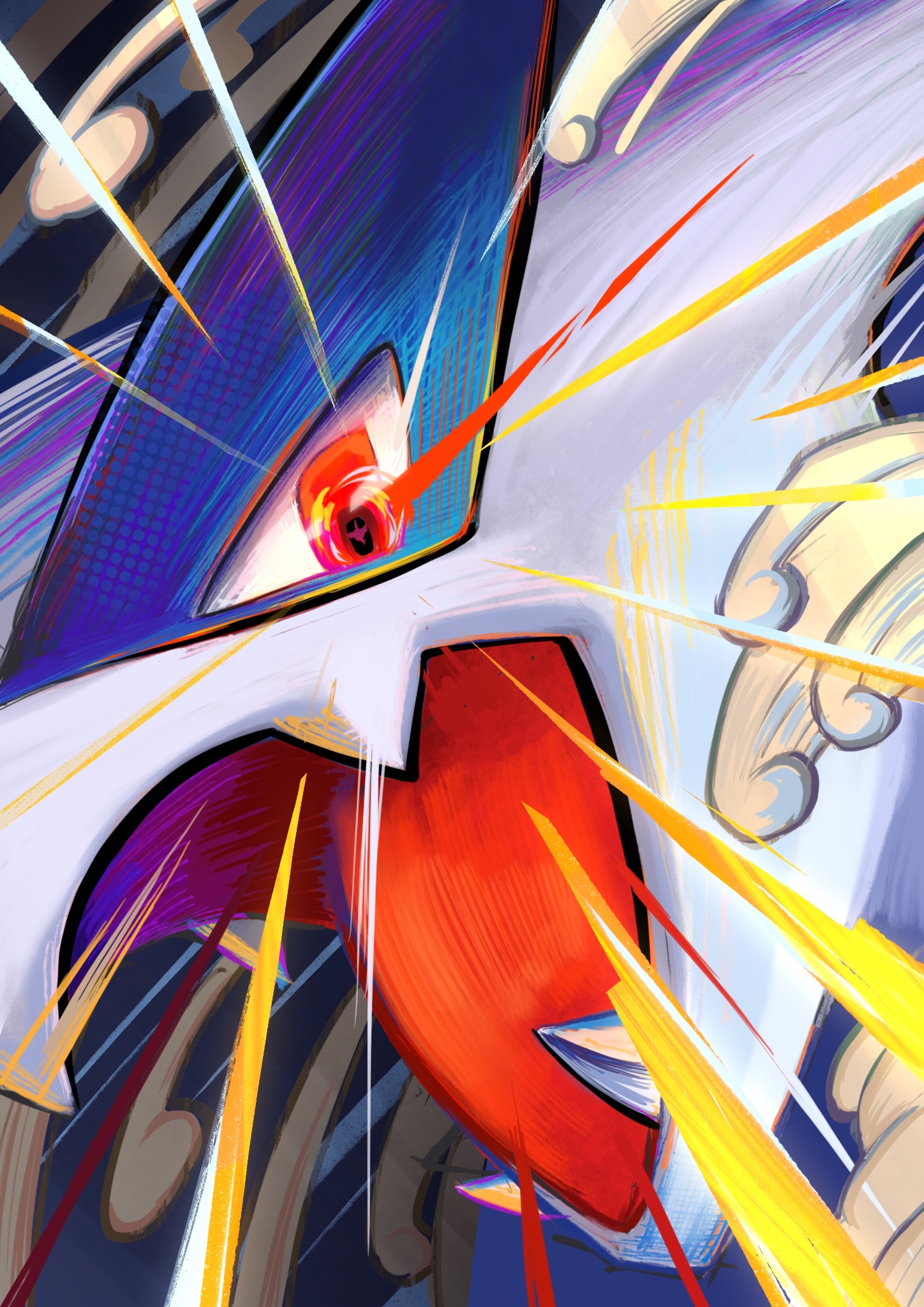 ezgk385, lugia, nintendo, pokemon, hashtag-only commentary, highres, close-up, cloud, colored skin, emphasis lines, fang, from side, gen 2 pokemon, legendary pokemon, looking at viewer, no humans, open mouth, pokemon (creature), pokemon focus, red eyes, red tongue, skin fang, solo, upper body, white skin