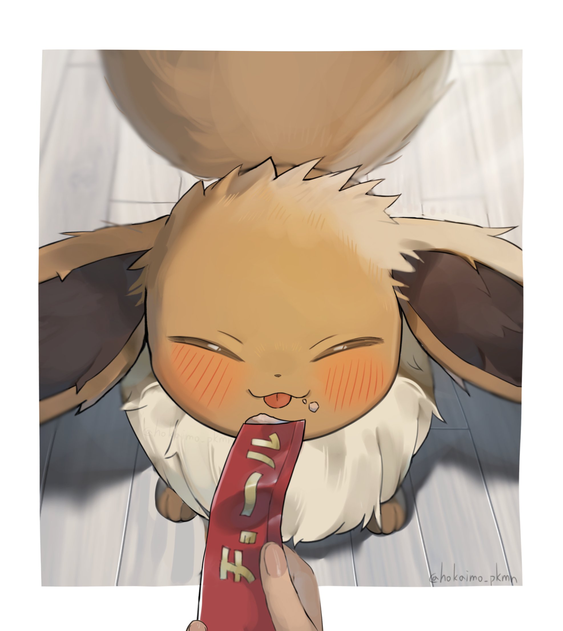 hokaimo pkmn, eevee, nintendo, pokemon, commentary request, highres, 1other, :3, :p, all fours, blush, border, brown fur, closed eyes, crumbs, eating, facing viewer, food, food on face, from above, gen 1 pokemon, holding, holding food, neck fur, outside border, pokemon (creature), pokemon focus, pov, pov hands, straight-on, tongue, tongue out, twitter username, white border