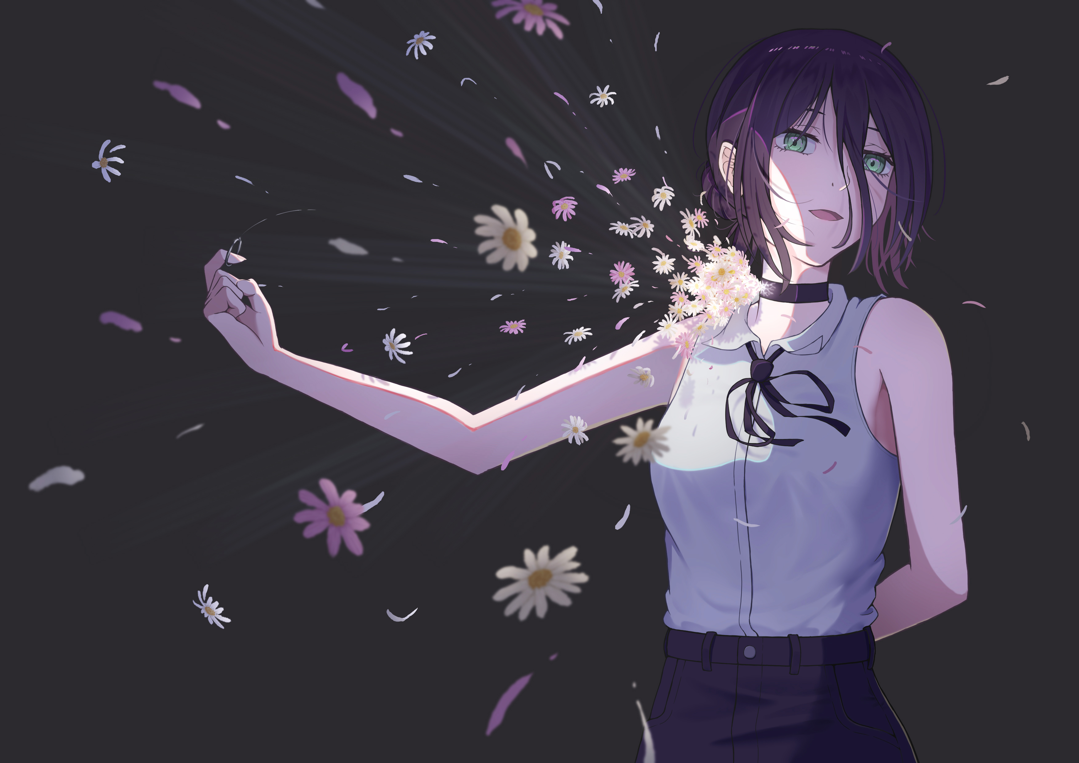 xvvstring, reze (chainsaw man), chainsaw man, absurdres, highres, 1girl, black choker, black ribbon, black shorts, choker, collared shirt, flower, green eyes, grenade pin, grey background, hair between eyes, neck ribbon, open mouth, purple hair, ribbon, shirt, shirt tucked in, shorts, sleeveless, sleeveless shirt, solo, white flower, white shirt