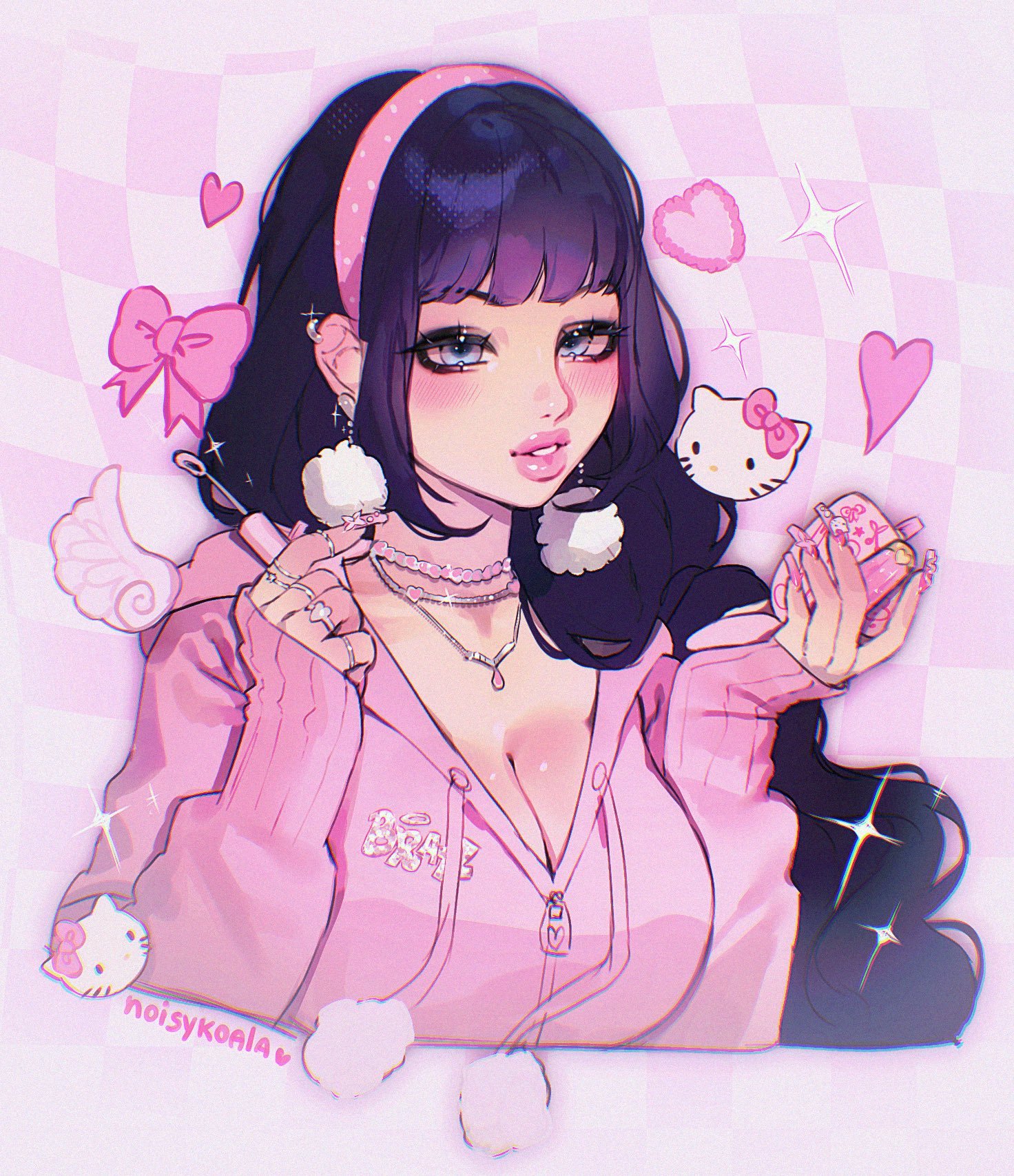 noisykoala, bratz, hello kitty, original, sanrio, heart ring, silver necklace, commentary, commission, english commentary, highres, 1girl, aegyo sal, arms up, artist name, black hair, blue eyes, breasts, checkered background, choppy bangs, chromatic aberration, cleavage, compact (cosmetics), cosmetics, cropped torso, detached wings, drawn bow, drawn heart, ear piercing, earrings, eyelashes, eyeshadow, fake wings, film grain, fingernails, gem-studded nails, gradient nails, hairband, halftone, heart, heart necklace, holding, holding compact, holding lipstick tube, hood, hoodie, jewelry, large breasts, light blush, lipgloss, lipgloss tube, lipstick tube, long fingernails, long hair, looking at viewer, makeup, mini wings, multiple necklaces, multiple rings, nail ornament, necklace, parted lips, partially unbuttoned, piercing, pink background, pink hairband, pink hoodie, pink lips, pink nails, pink theme, polka dot hairband, pom pom (clothes), pom pom earrings, ring, sketch, sleeves past wrists, smokey eyeshadow, sparkle, teeth, thick lips, very long hair, wavy hair, wings, y2k fashion